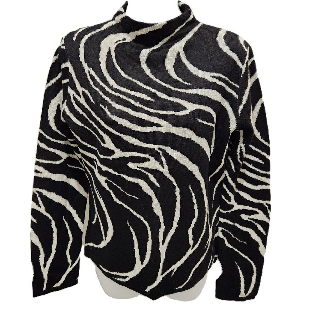 Blushe Vintage Zebra Stripe Wool Blend Sweater Mock Neck Off white Black Size M